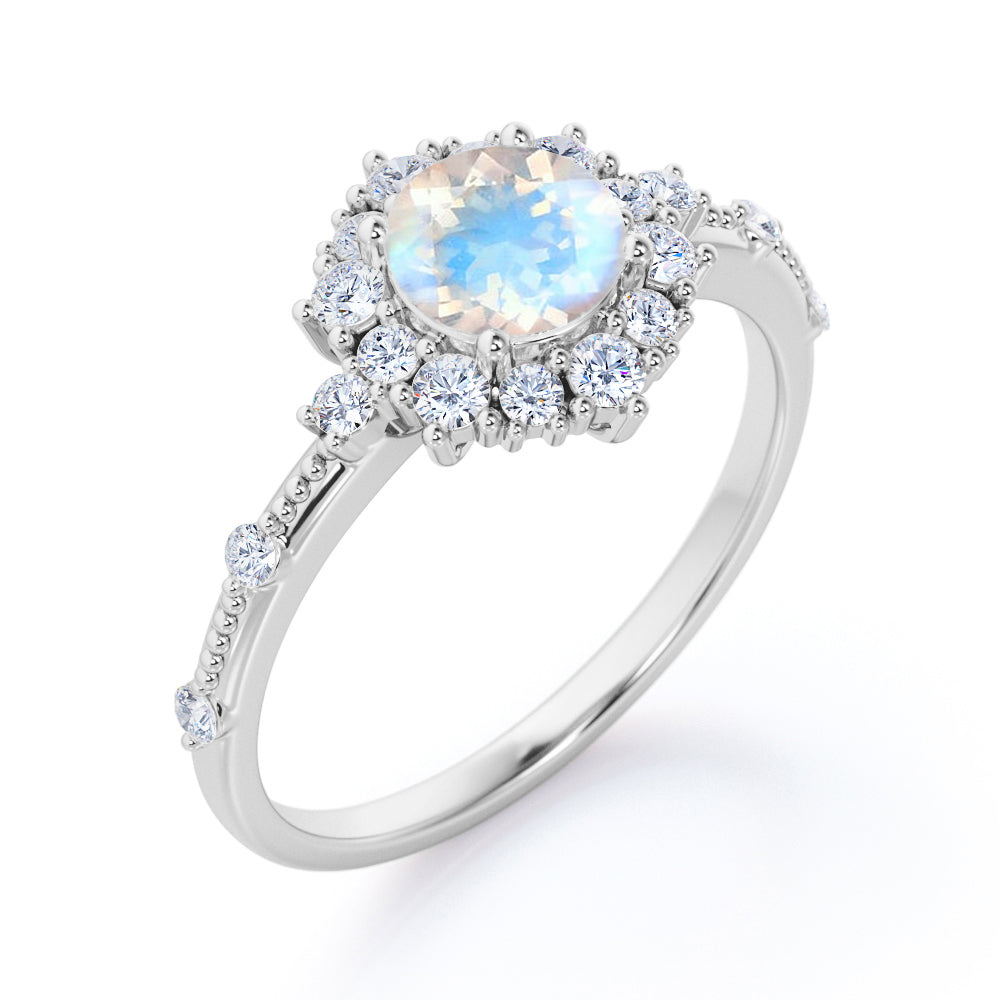Statement 1.5 carat Round cut Blue Moonstone and diamond snowflake engagement ring in White gold