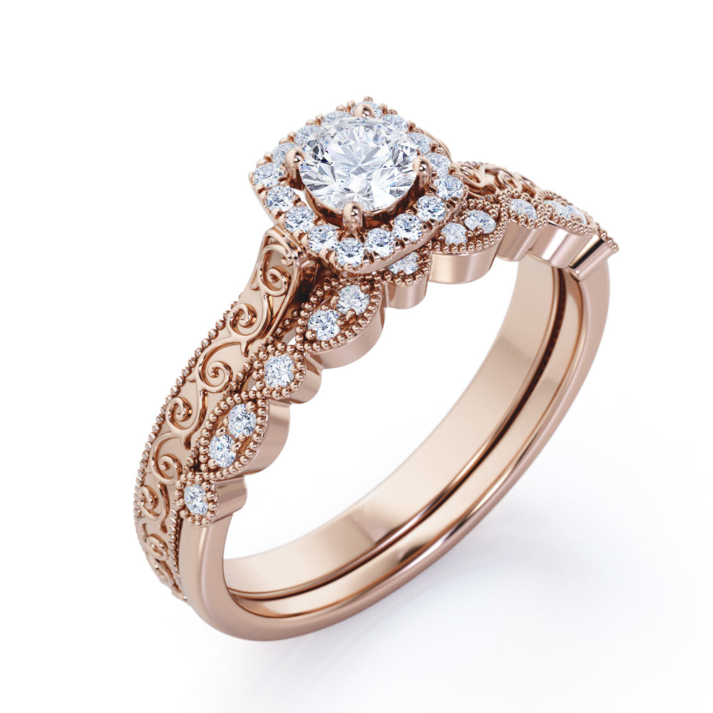Art deco Filigree 0.75 carat Round cut Moissanite and diamond milgrain and halo Bridal set in Rose gold