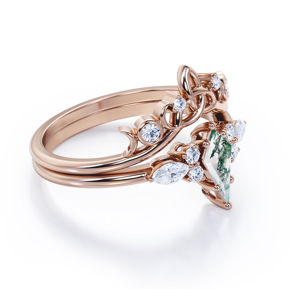 Contoured triad and chevron 1.25 carat Kite shape Moss Green Agate and diamond-7 stones-art deco inspired wedding ring set in Rose gold