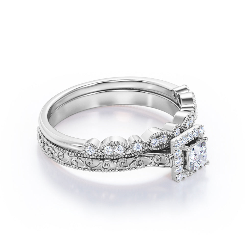 Filigree and Milgrain 1 carat Princess cut Moissanite and diamond antique art deco Bridal set in White gold