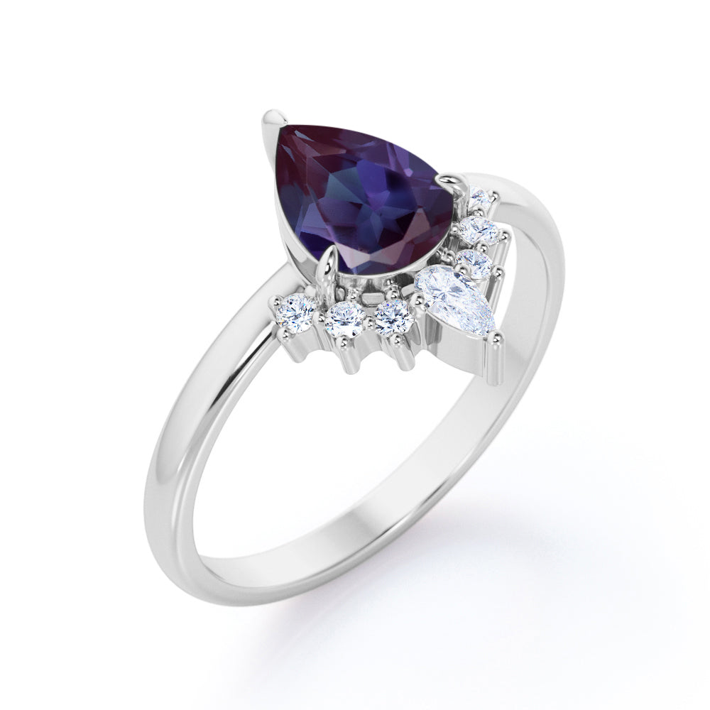 Elegant tiara 1.15 carat Pear shaped Lab made Alexandrite and diamond 3 prong engagement ring in White gold