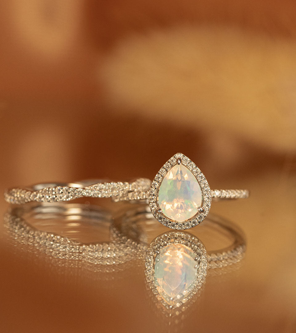 Pear shape Opal Engagement Ring bridal set with matching wedding band on sale