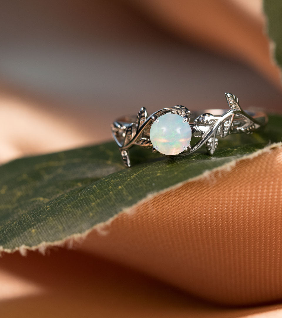 Sale on Round Opal leaf vine engagement ring, nature vine leaf opal engagement ring