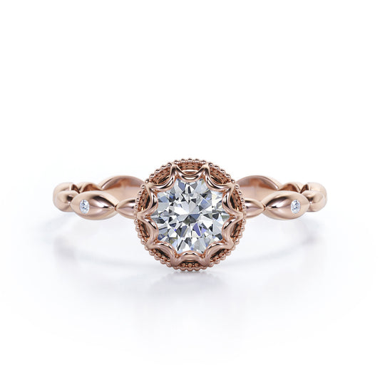Hidden Halo 1 carat Round cut Moissanite scalloped engagement ring in Rose gold