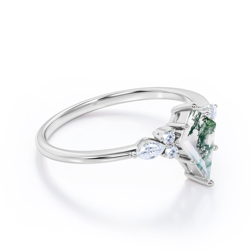 Vintage Seven stone 1.1 carat Kite shaped Moss green Agate and diamond prong style engagement ring in White gold