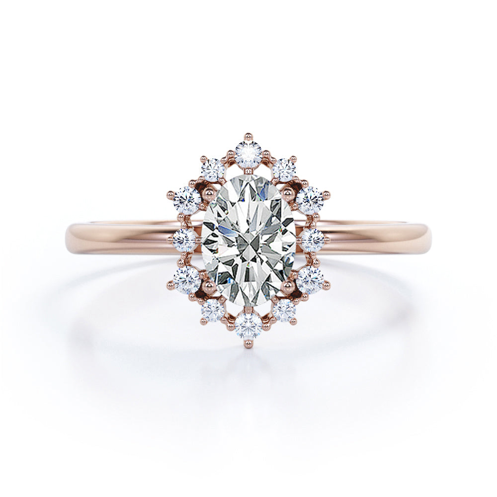 Snowflake cluster 1.25 carat Oval cut Moissanite and diamonds Halo engagement ring in Rose gold