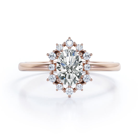 Snowflake cluster 1.25 carat Oval cut Moissanite and diamonds Halo engagement ring in Rose gold