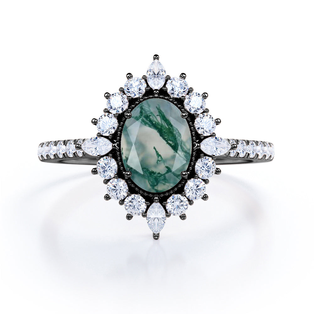 Milgrain Cluster 1.5 carat Oval cut Moss Green Agate and diamond snowflake halo engagement ring in Black gold