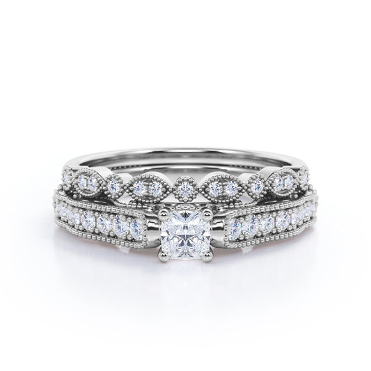 Vintage channel set 1.25 carat Round cut Moissanite and diamond art deco milgrain wedding ring set in white gold