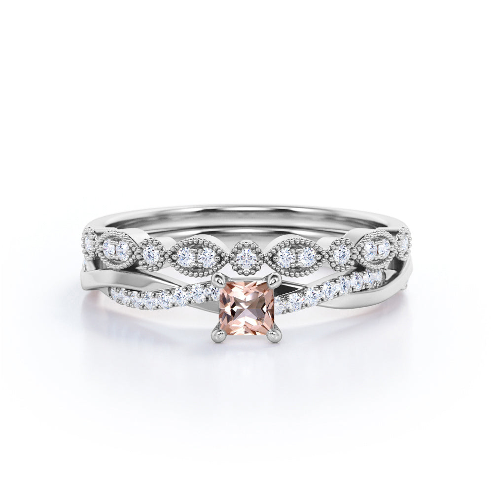 Intertwined vintage 1 carat Princess cut Morganite and diamond Milgrain and infinity wedding ring set in White gold