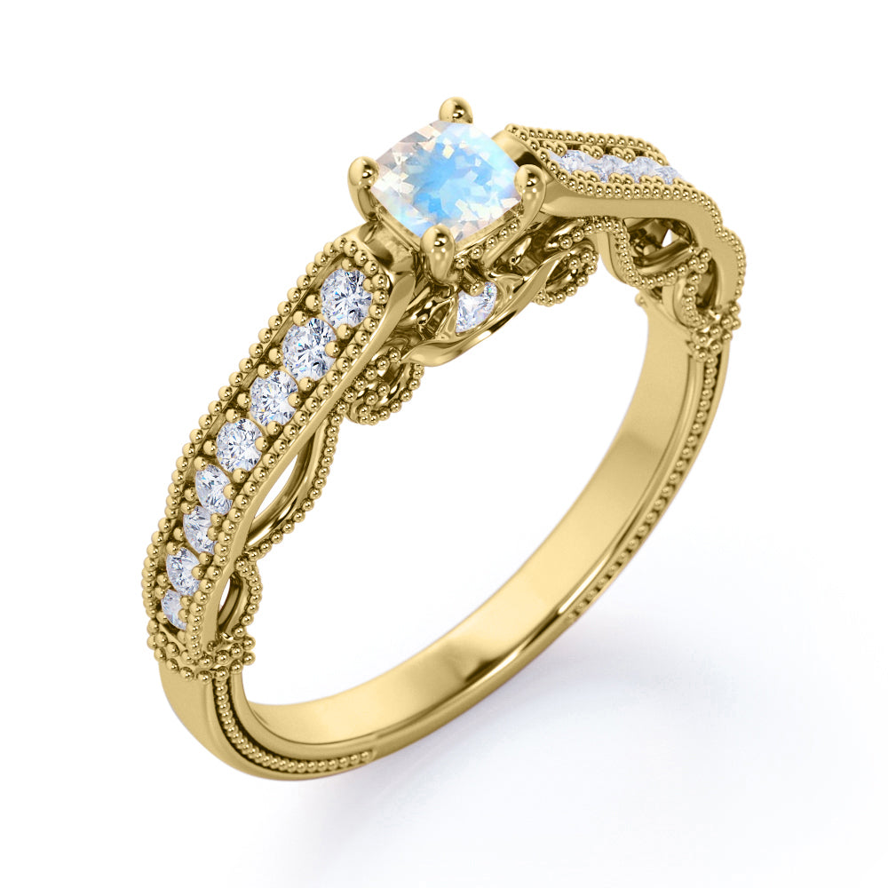 Authentic Filigree and Milgrain 0.75 carat Round cut Rainbow Moonstone and diamond art deco engagement ring in Yellow gold