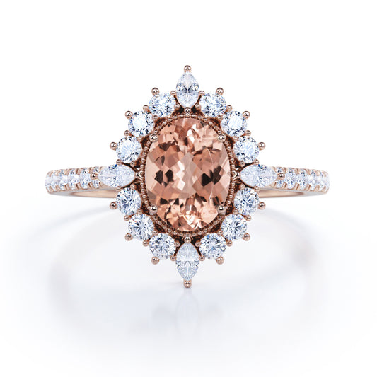 Clustered Antique Halo 1.5 carat Oval Morganite and diamond snowflake engagement ring in Rose gold