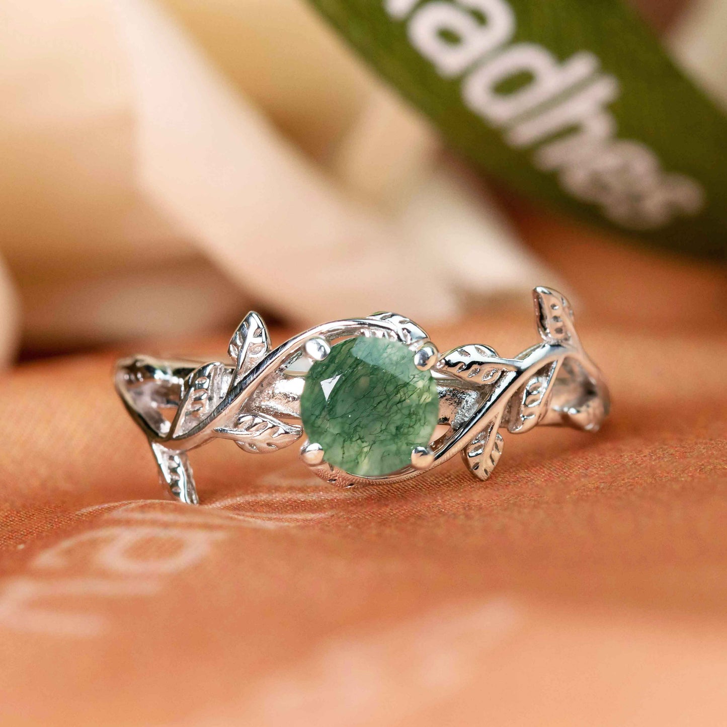 Dainty Vine 1 carat Round Shaped Moss Green Agate Solitaire Ring in White Gold