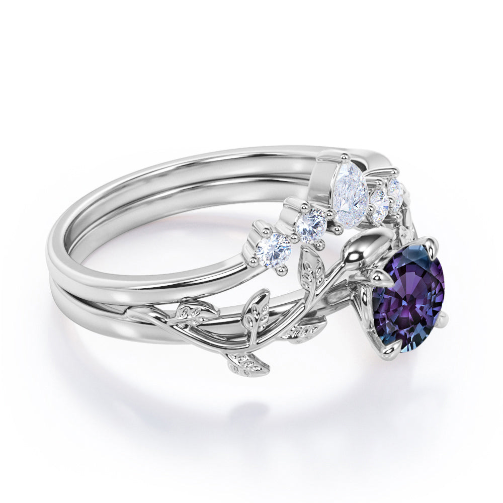 Floral Tiara 1.2 carat Round cut Lab created Alexandrite and diamond claw prong engagement ring in White gold
