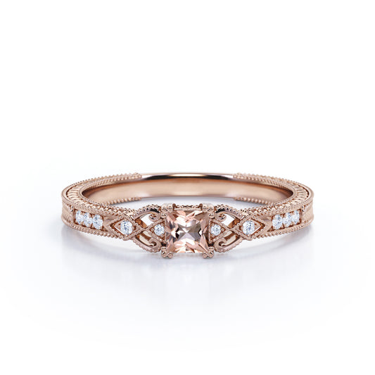 Exquisite leaf filigree and Milgrain 0.75 carat Princess cut intricate engagement rings in rose gold