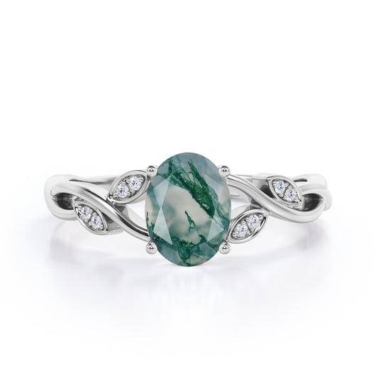 Floral Infinity 1.15 carat Oval cut Moss Green Agate and diamond vine and leaf engagement ring in White gold