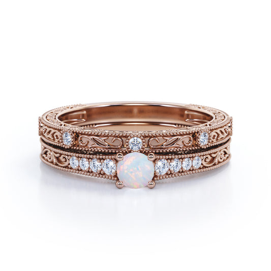 Authentic art deco 0.45 carat Round cut Ethiopian Opal and diamond Edwardian filigree Bridal set in Rose gold