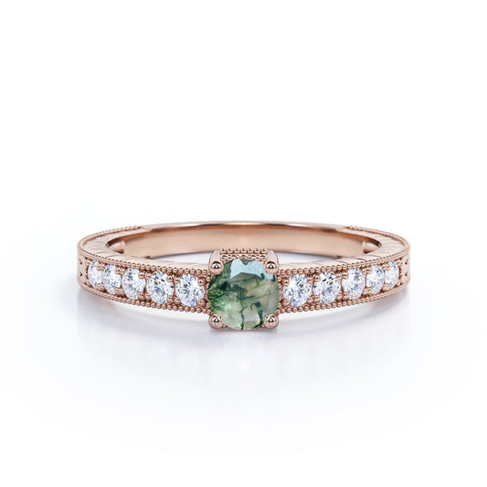 Bead décor 0.75 carat Round cut Moss green Agate and diamond vintage art deco engagement ring in Rose gold