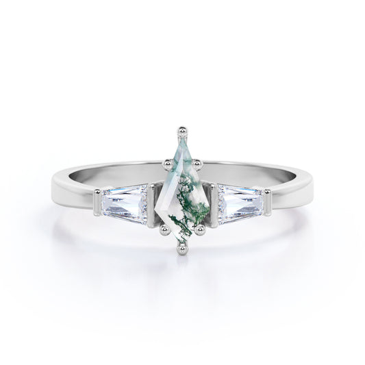 Contemporary three stone 1.2 carat Kite shape Moss Green Agate and diamond baguette style engagement ring in White gold