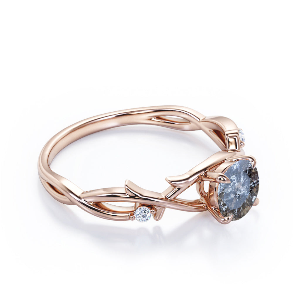 Earthy Twig 0.5 carat Round cut Salt and pepper diamond solitaire engagement ring in Rose gold