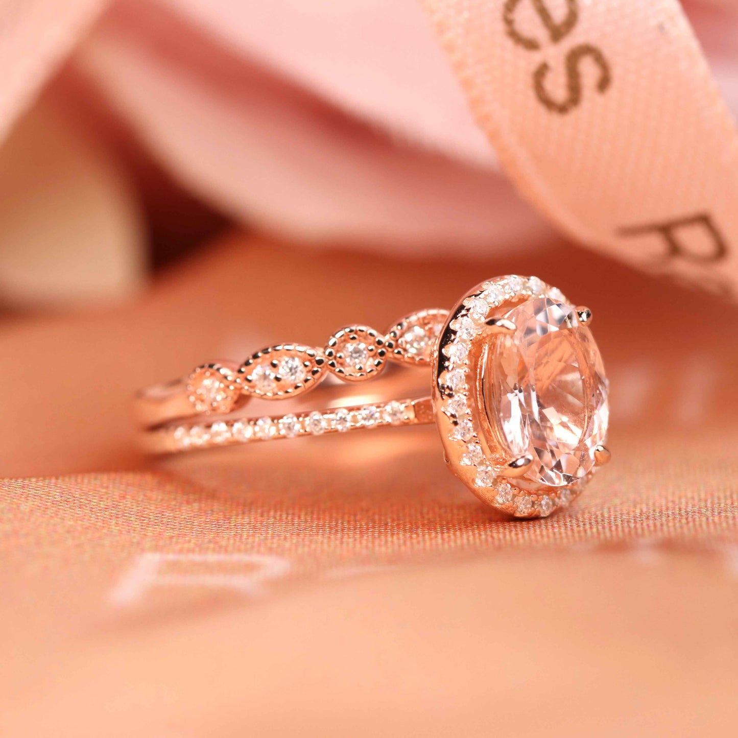 Antique 1.65 carat Oval Cut Morganite Wedding Bridal Ring Set with Artdeco Diamond Wedding Band