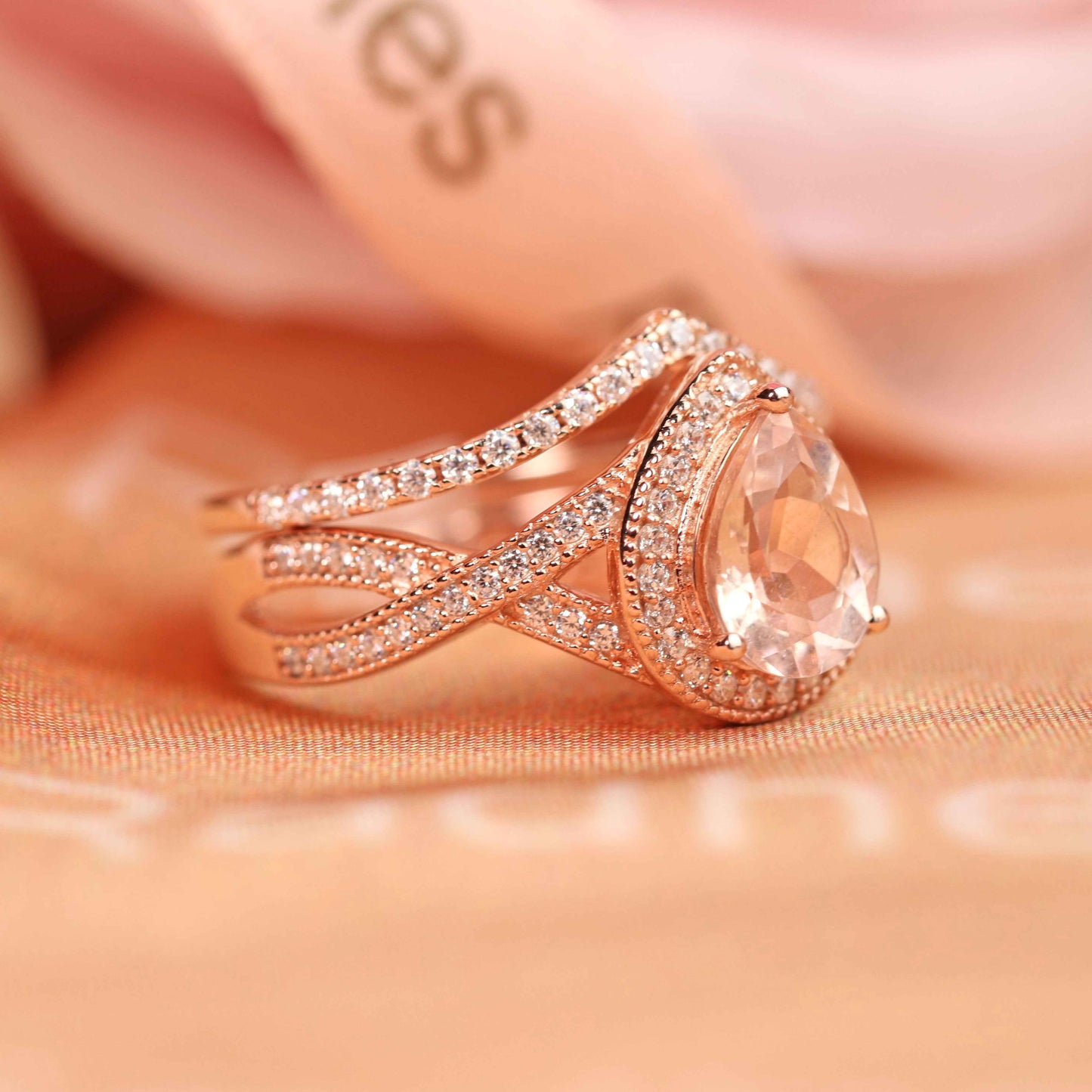 Huge 1.75 carat Natural Peach Morganite Halo Pear Shape Teardrop Chevron Art Deco Ring Set with Diamond in Rose Gold