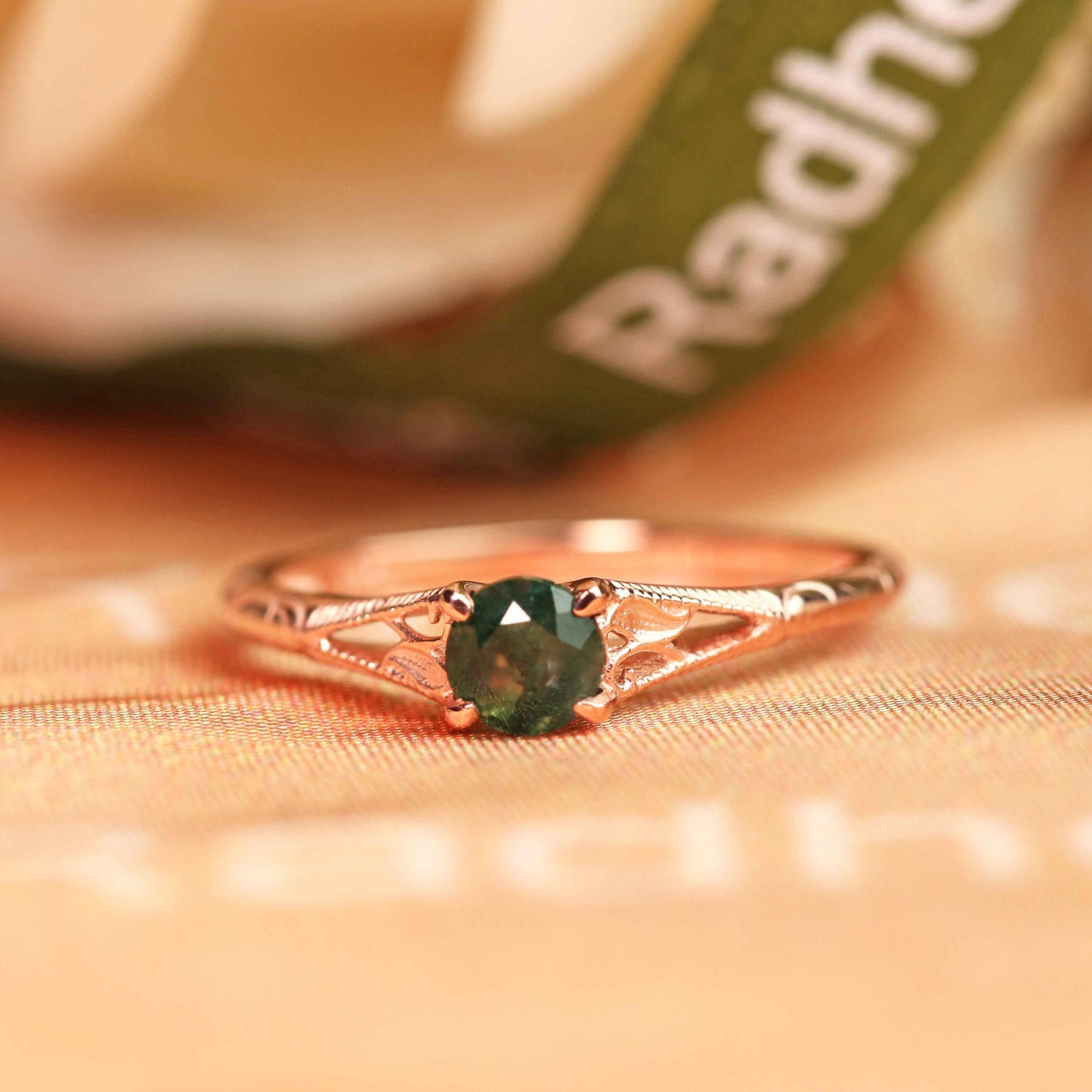 Delicate Scrollwork 0.5 carat Round Cut Moss Green Agate Split Shank Solitaire Ring for Women in Rose Gold
