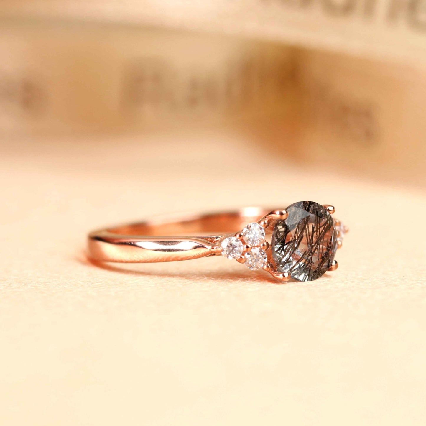 Dainty 7 Stone 1.15 carat Round Cut Rutilated Quartz and Diamond Plain Shank Ring in Rose Gold