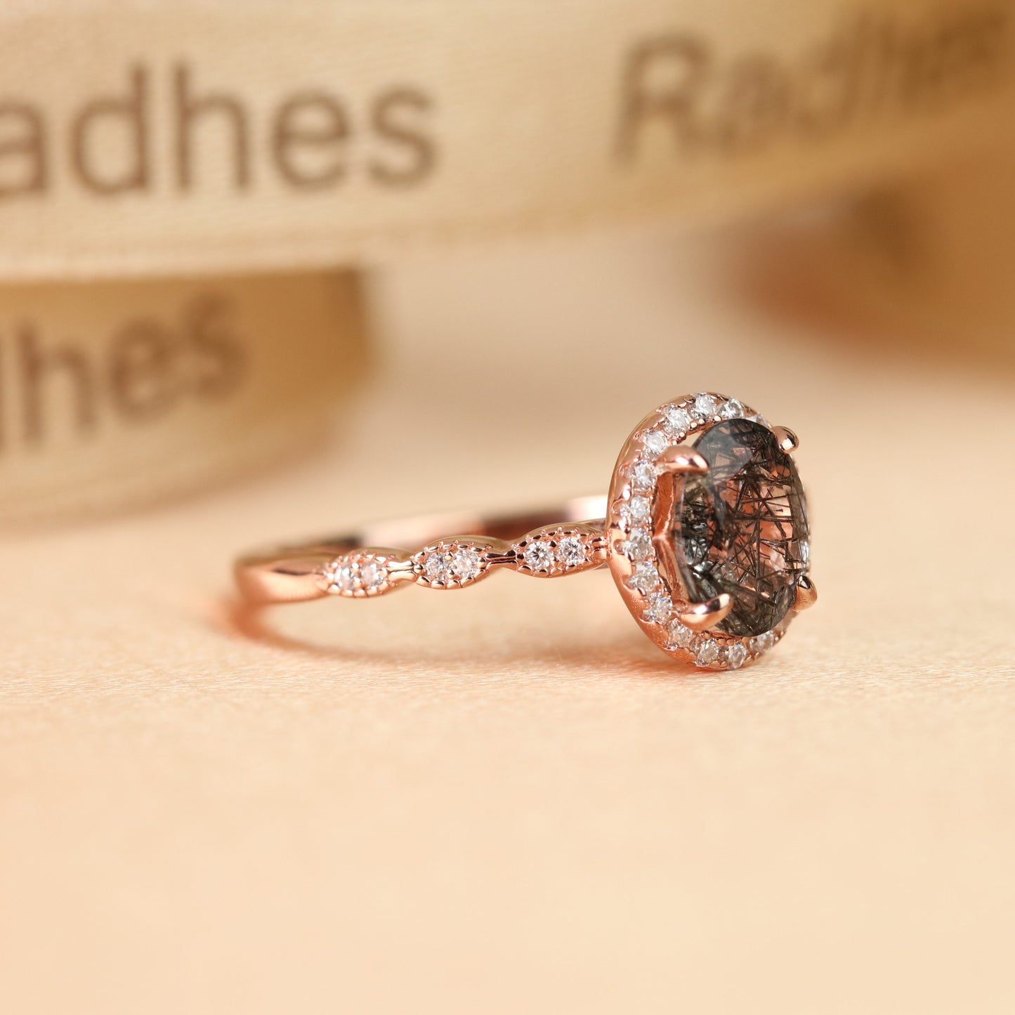 Halo 1.3 carat Oval Cut Rutilated Quartz and Diamond Marquise Milgrain Bezel Engagement Ring for Women in Rose Gold