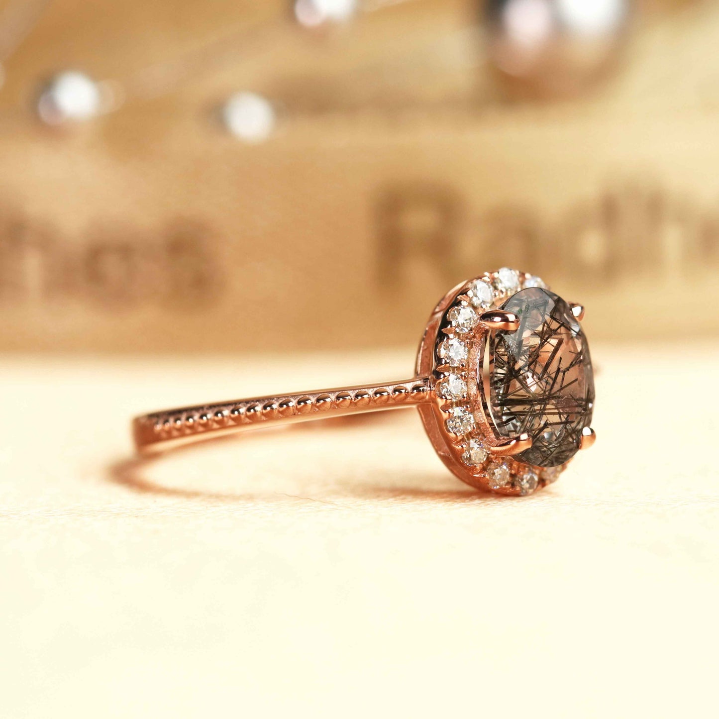 Simple 1.25 caratOval Cut Rutilated Quartz and Diamond Halo Milgrain Shank Bridal Ring in Rose Gold