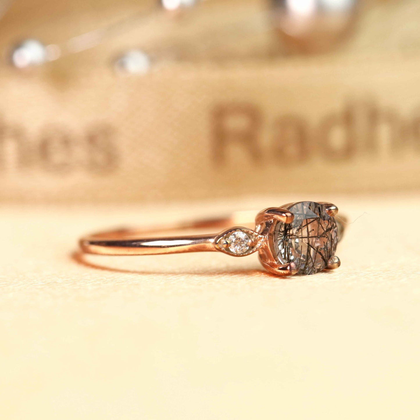 Three Stone 1.1 carat Round Cut Rutilated Quartz and Diamond Marquise in Milgrain Bezel Engagement Ring in Rose Gold