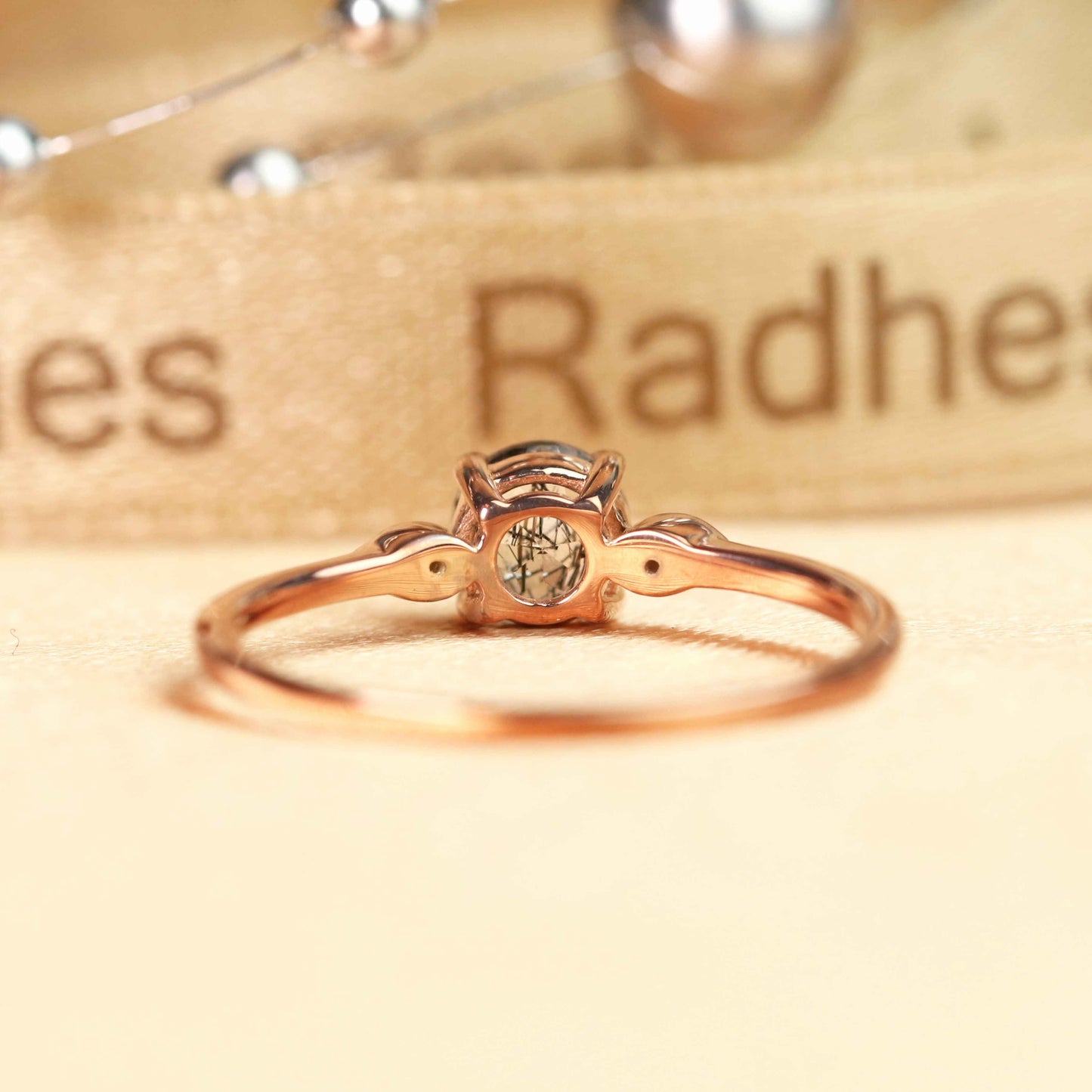 Three Stone 1.1 carat Round Cut Rutilated Quartz and Diamond Marquise in Milgrain Bezel Engagement Ring in Rose Gold