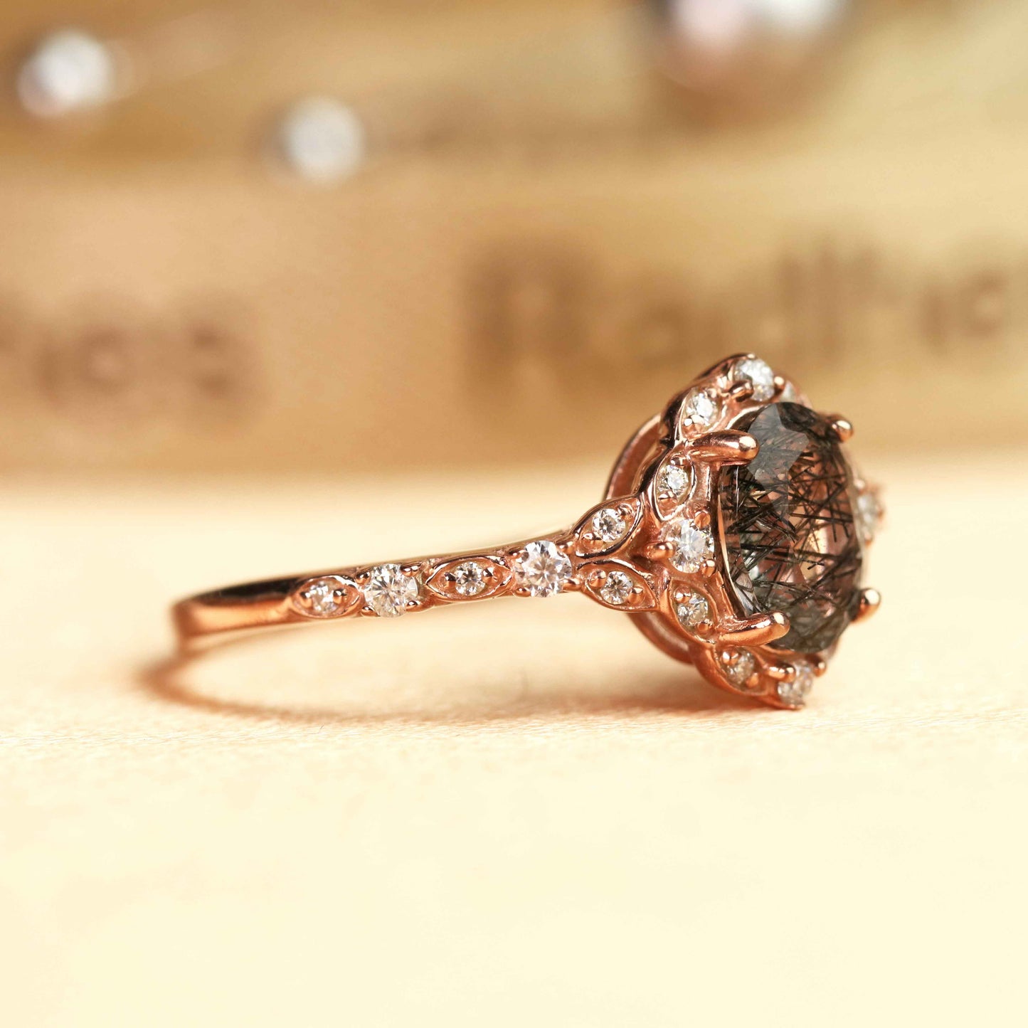 Unique Vintage 1.45 carat Oval Cut Rutilated Quartz and Diamond Halo Ring in Rose Gold