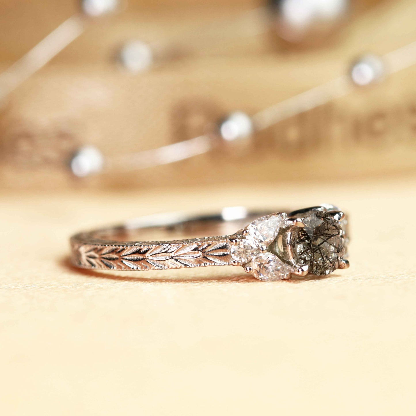 Leaf Design 1.25 carat Round Cut Rutilated Quartz and Diamond Semi-pave Milgrain Ring in White Gold
