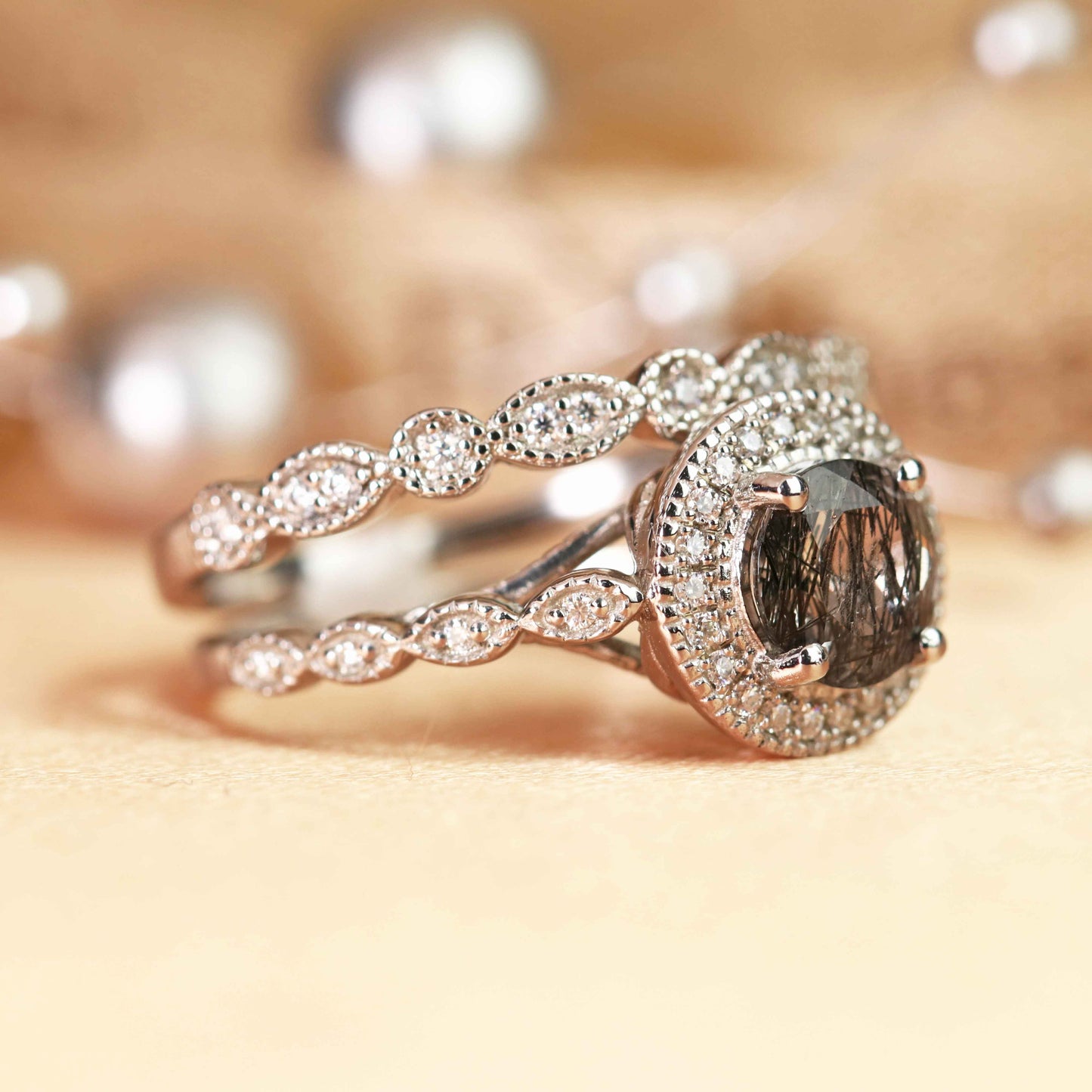 Semi-mount 1.75 carat Round Cut Rutilated Quartz and Diamond Milgrain Halo Ring Set with Matching Milgrain Wedding Band in White Gold