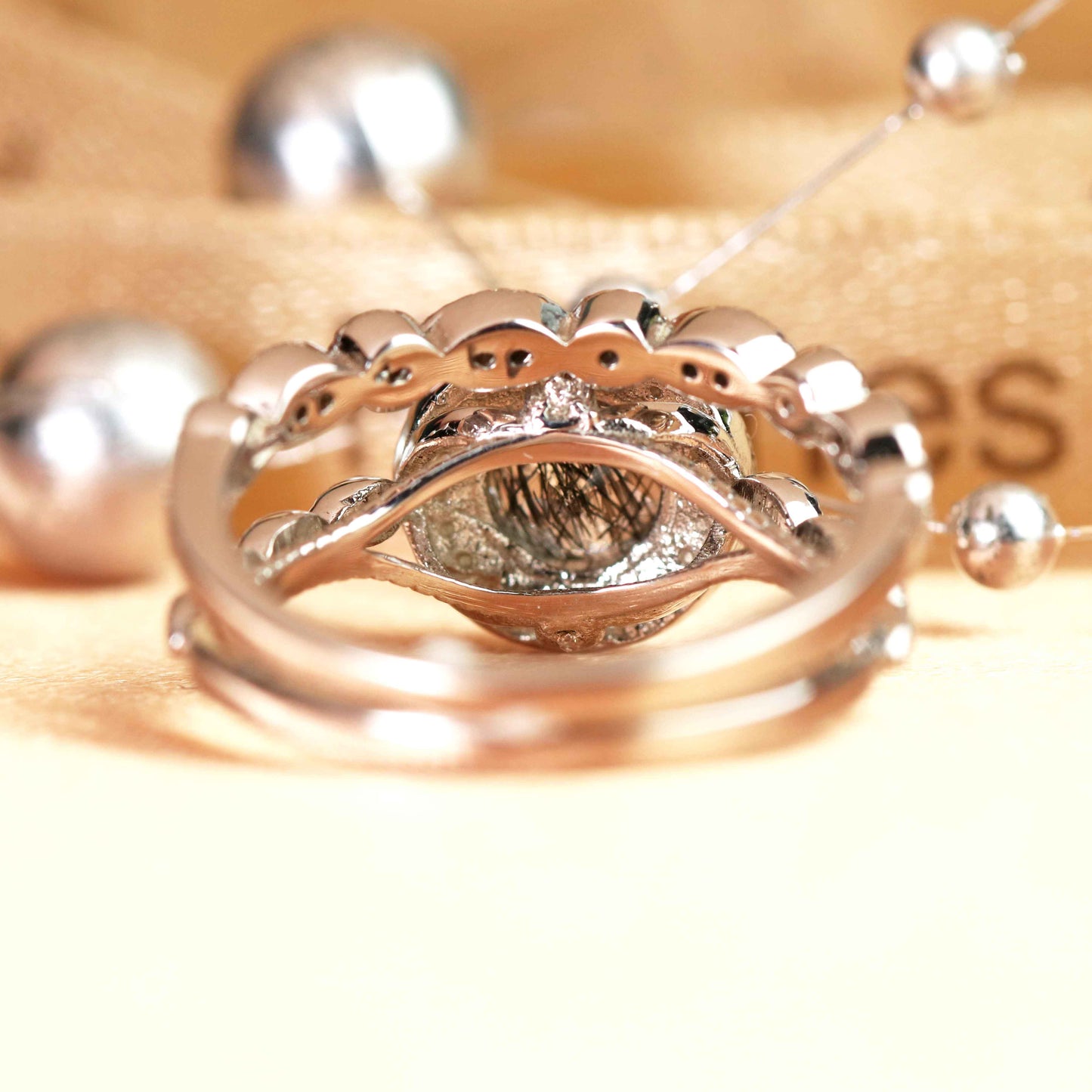 Semi-mount 1.75 carat Round Cut Rutilated Quartz and Diamond Milgrain Halo Ring Set with Matching Milgrain Wedding Band in White Gold