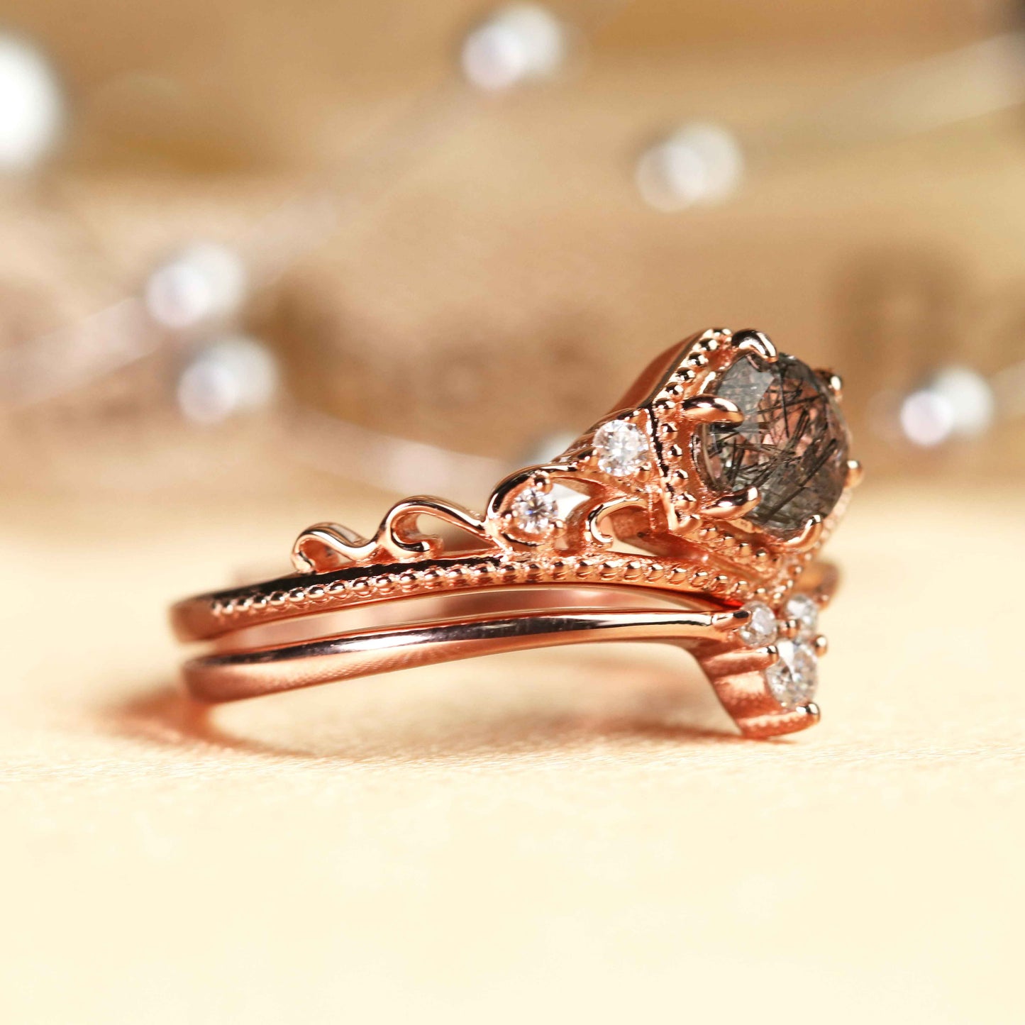 Filigree Chevron Tiara 0.65 carat Round Cut Rutilated Quartz and Diamond Wedding Ring Set in Rose Gold