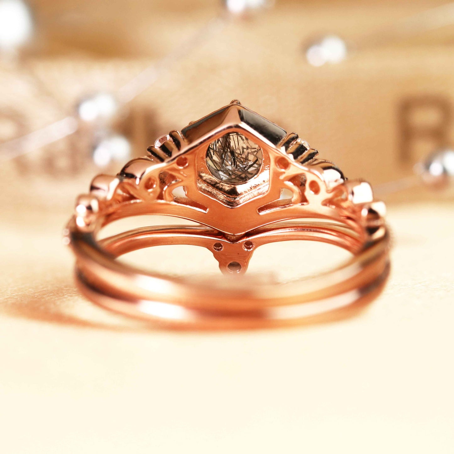 Filigree Chevron Tiara 0.65 carat Round Cut Rutilated Quartz and Diamond Wedding Ring Set in Rose Gold