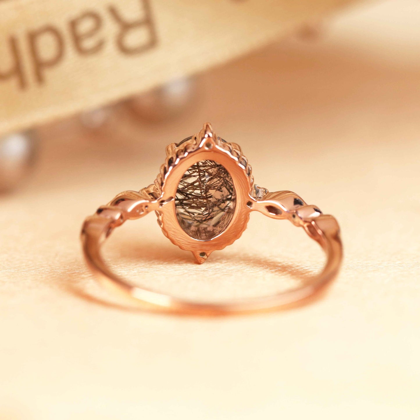 Huge Star 1.25 carat Oval Cut Rutilated Quartz and Diamond Marquise and Dot Bezel Ring in Rose Gold
