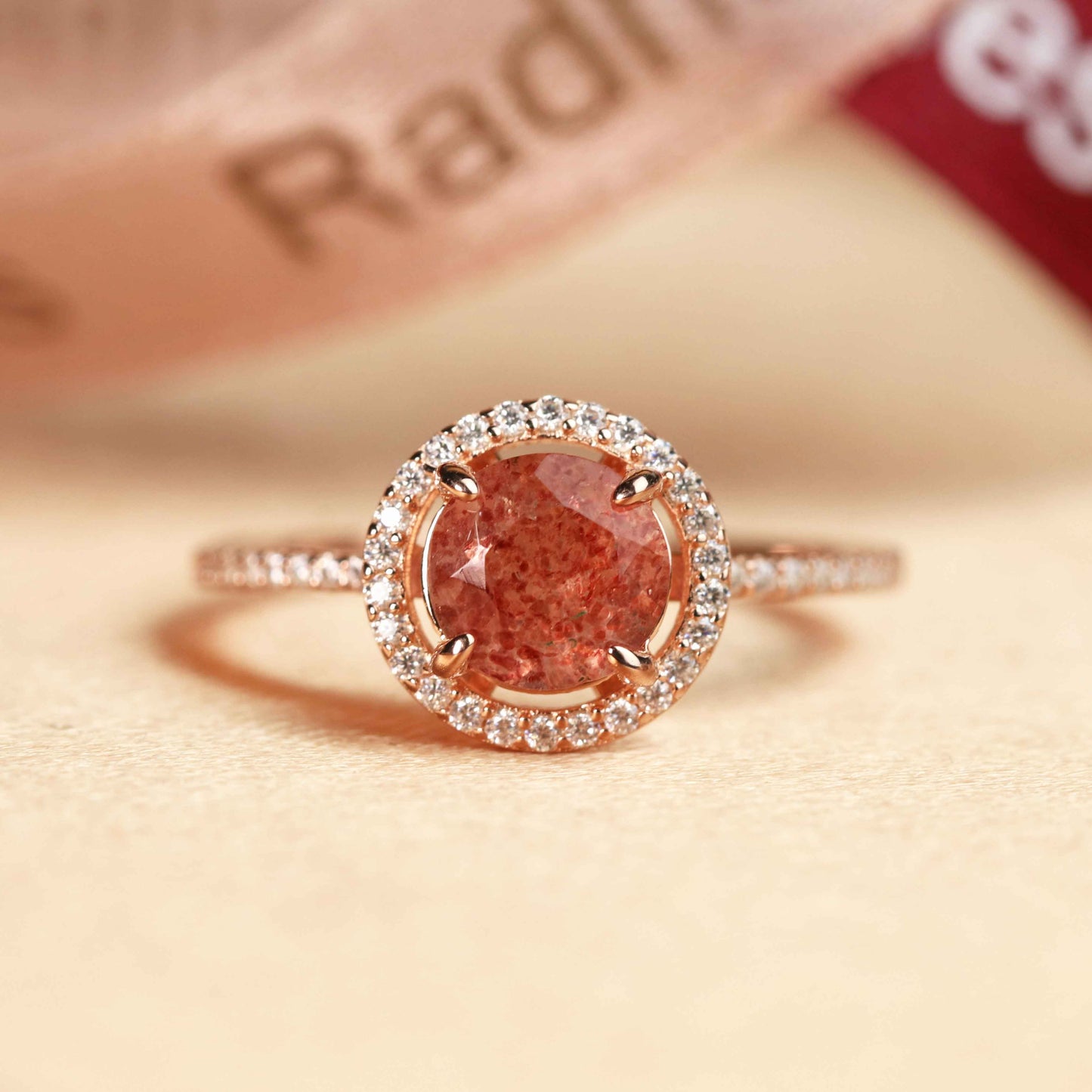 Half-pave 1.25 carat Round Cut Strawberry Quartz and Diamond Halo Bridal Ring in Rose Gold