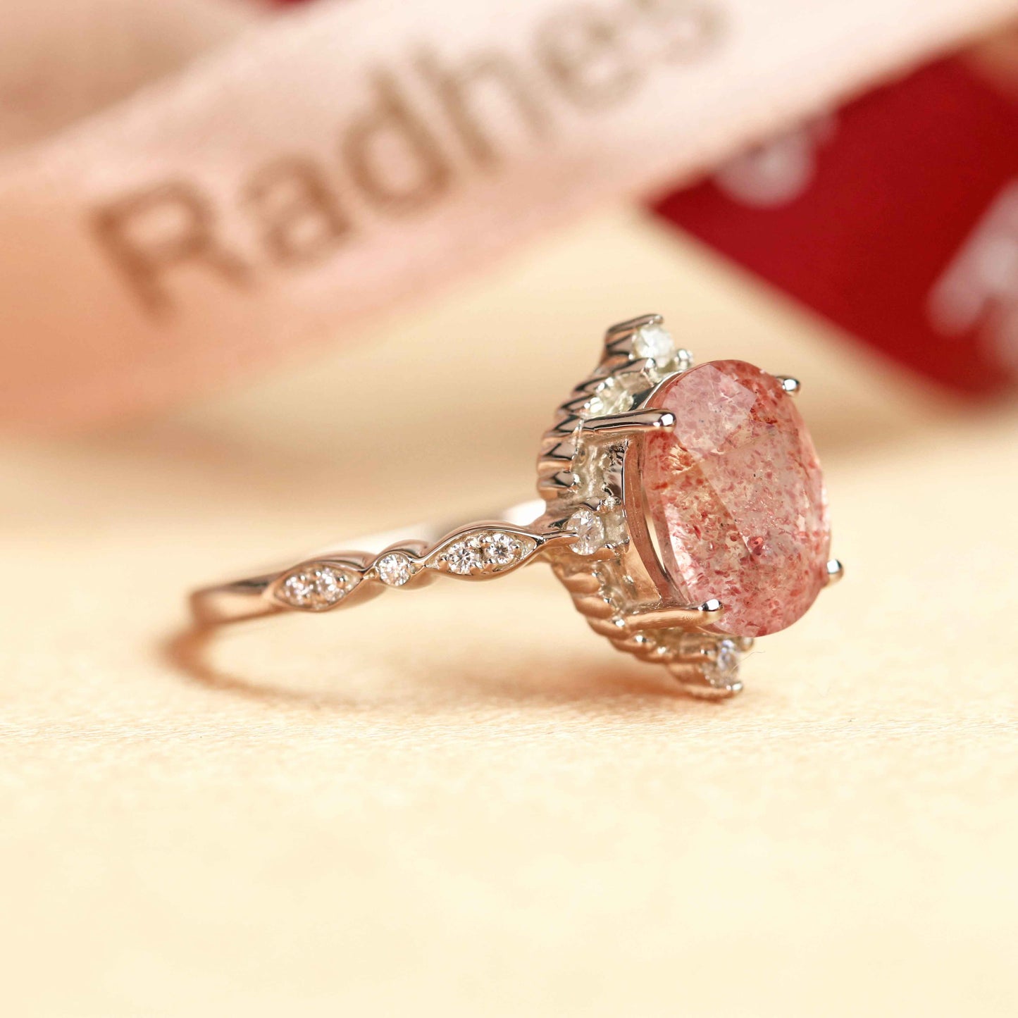 Huge Star 1.1 carat Oval Cut Red Strawberry Quartz and Diamond Marquise and Dot Bezel Ring for Women in White Gold