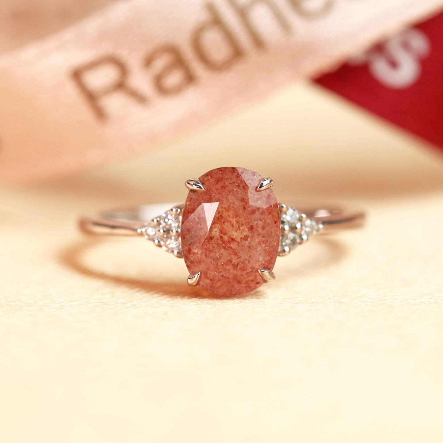 Classic 7 Stone 1.1 carat Oval Cut Red Strawberry Quartz and Diamond Plain Shank Wedding Ring in White Gold