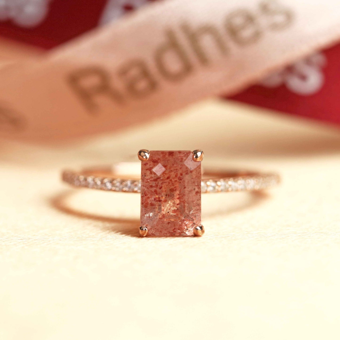 Vertical 1.15 carat Princess Cut Red Strawberry Quartz and Diamond Half-pave Solitaire Engagement Ring for Women in Rose Gold