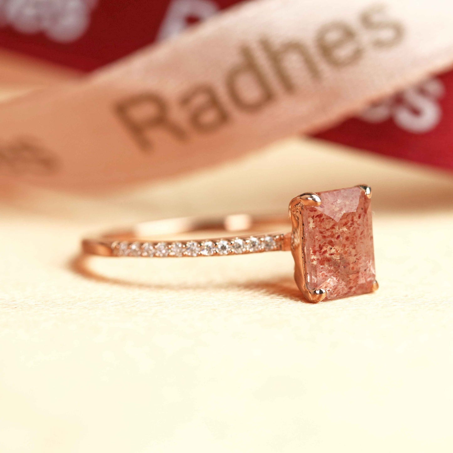 Vertical 1.15 carat Princess Cut Red Strawberry Quartz and Diamond Half-pave Solitaire Engagement Ring for Women in Rose Gold