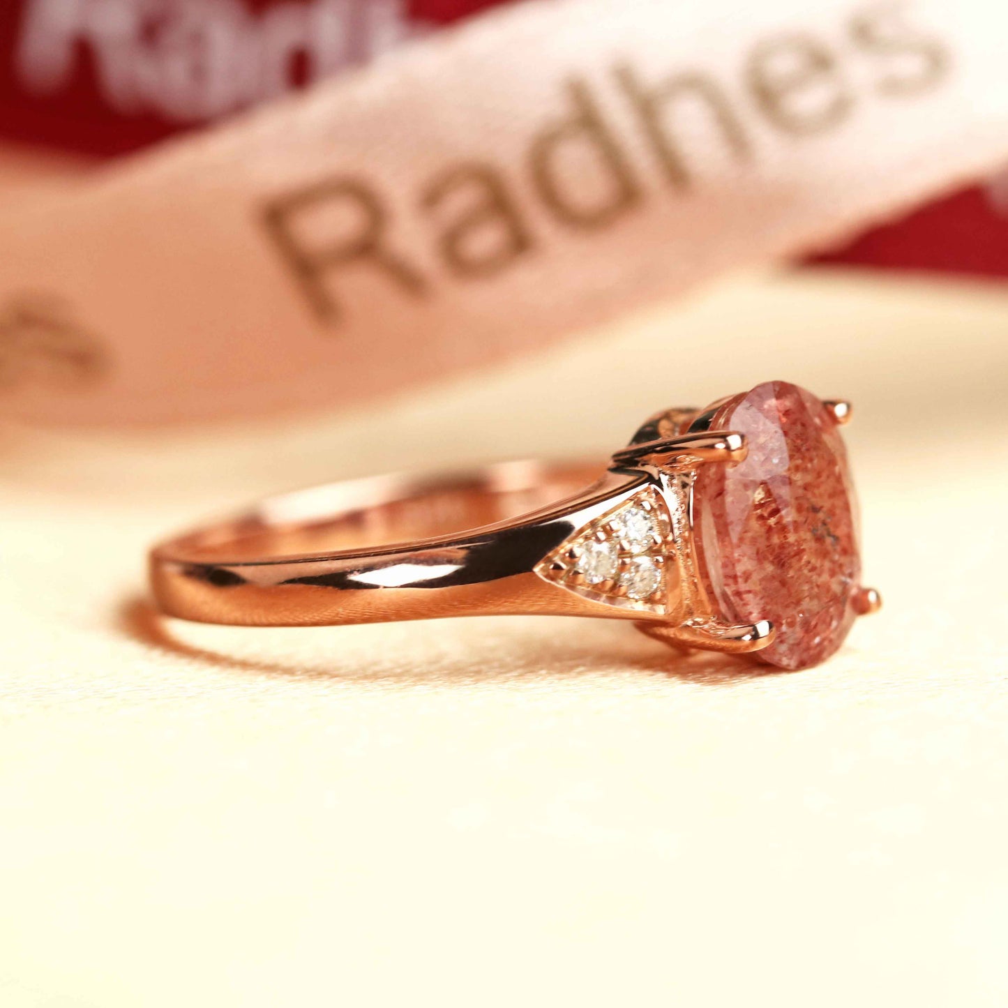 Huge 1.1 carat Oval Cut Strawberry Quartz and Diamond Accent Pave 7 Stone Bridal Ring for Women in Rose Gold