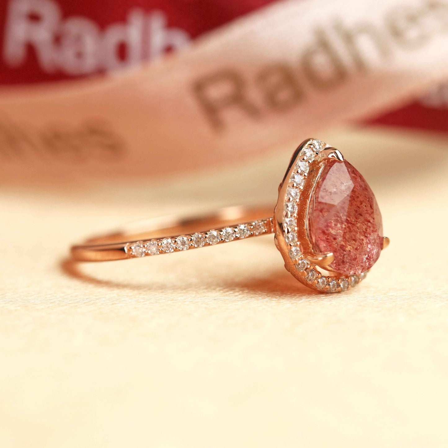 Halo 1.5 carat Tear Drop Cut Strawberry Quartz and Diamond Half-pave Wedding Ring for Women in Rose Gold