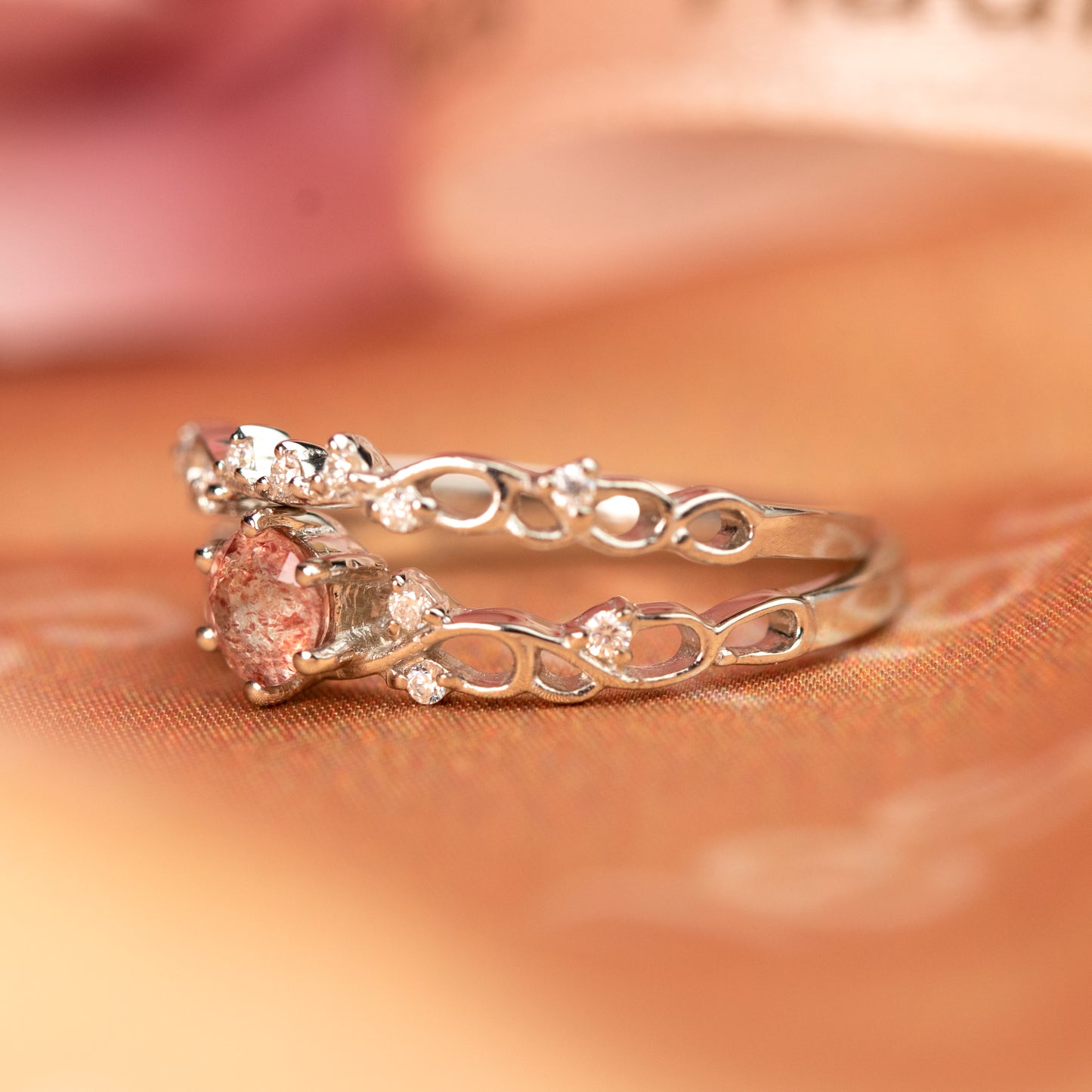 Vintage-inspired 0.7 carat Round Shaped Strawberry Quartz and Diamond Accent Delicate Female Wedding Ring Set in White Gold