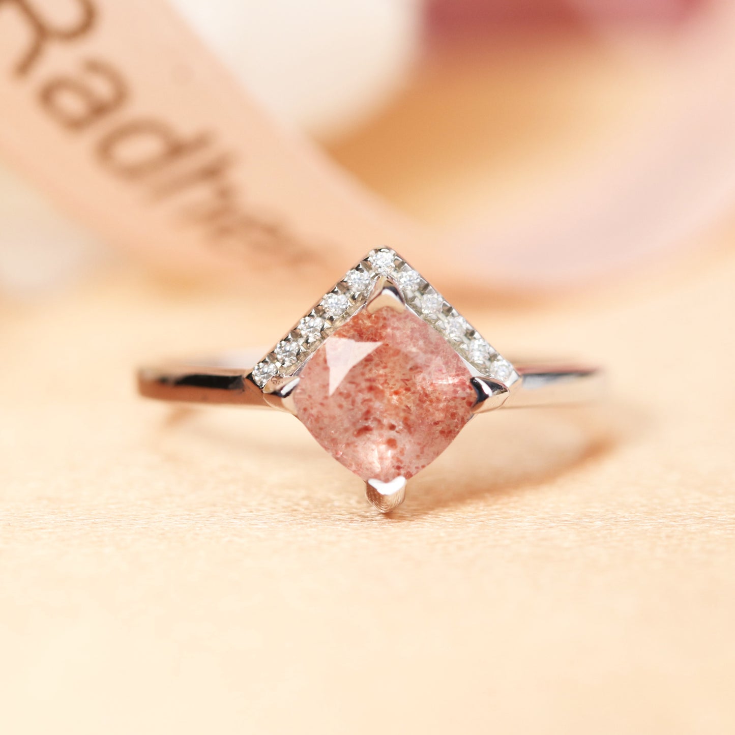 Unique Half-halo 1 carat Princess Cut Red Strawberry Quartz and Diamond Plain Shank Ring for Women in White Gold