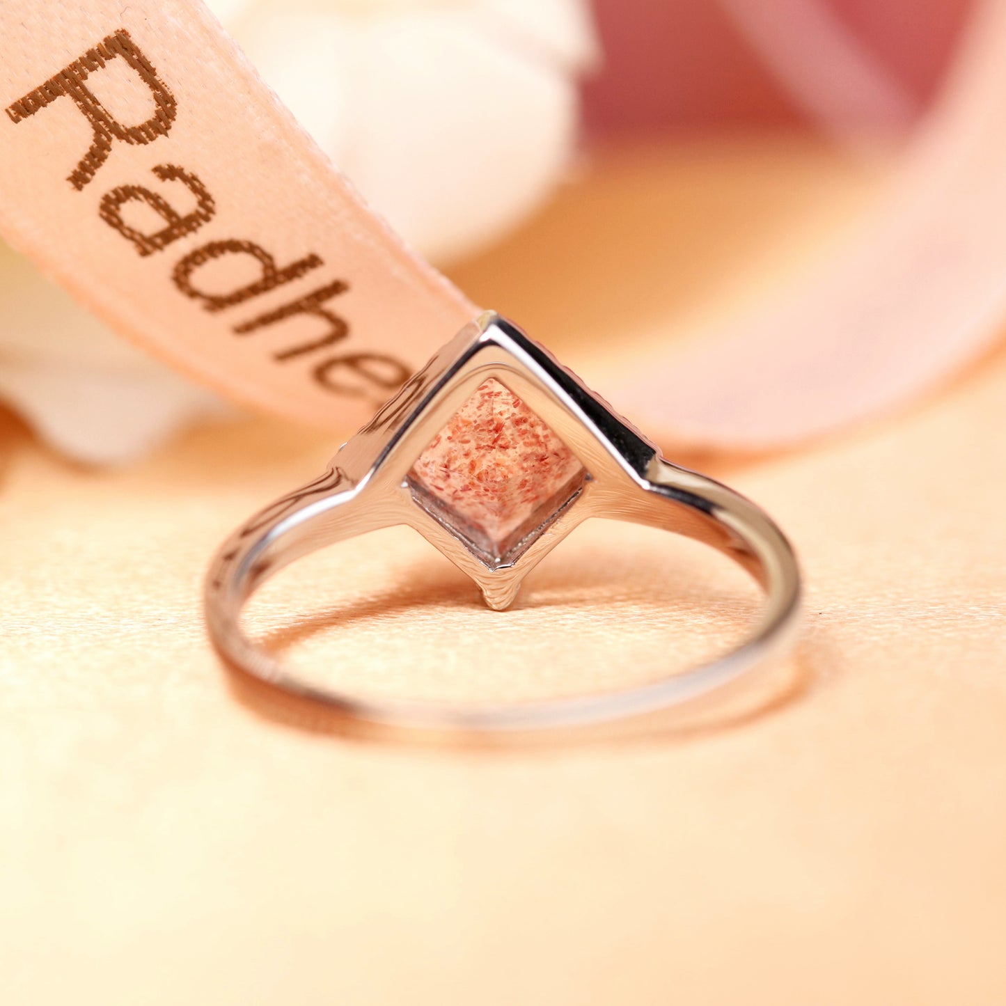Unique Half-halo 1 carat Princess Cut Red Strawberry Quartz and Diamond Plain Shank Ring for Women in White Gold