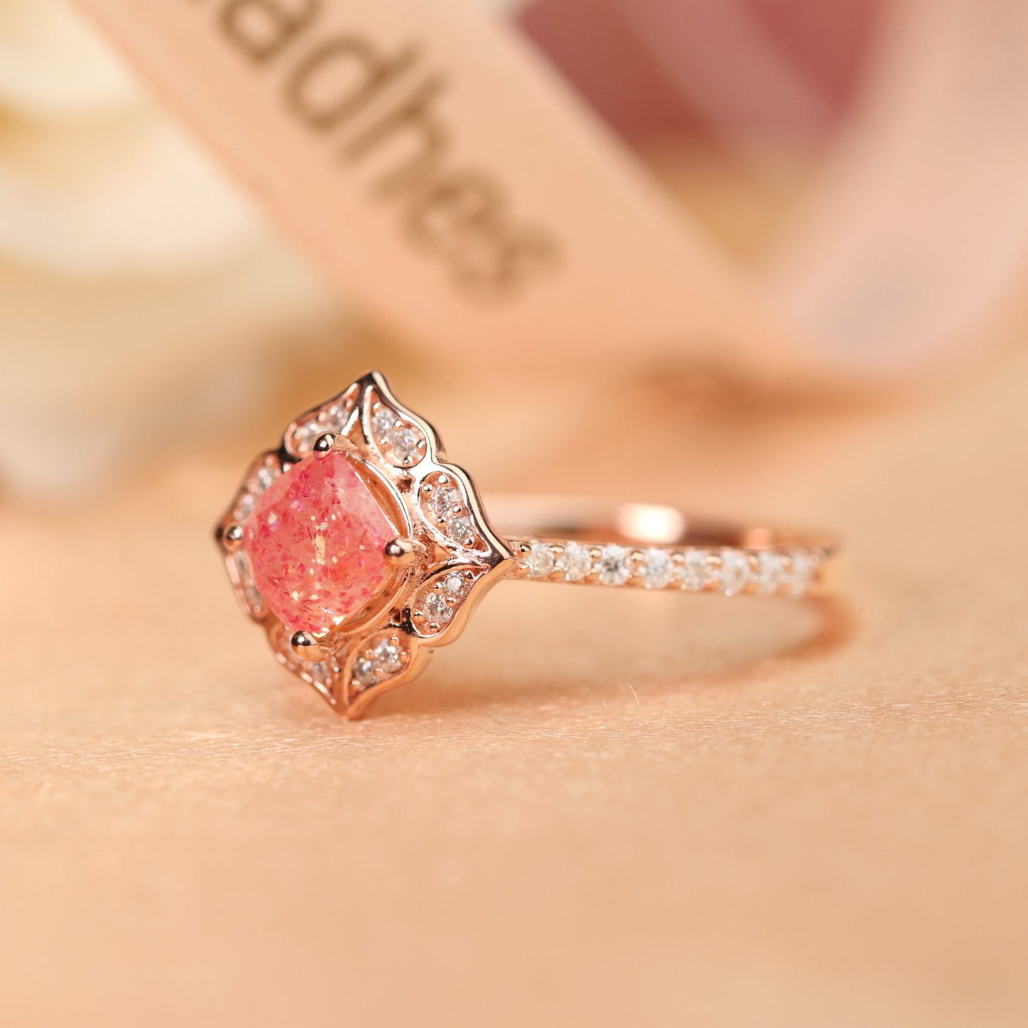 Vintage Flower 1.25 carat Round Cut Strawberry Quartz and Diamond Half-pave Halo Ring for Women in Rose Gold